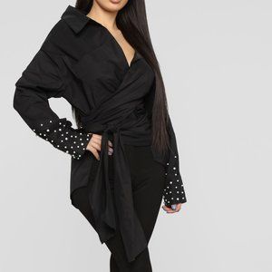 Black Wrap Blouse with Beaded Sleeves